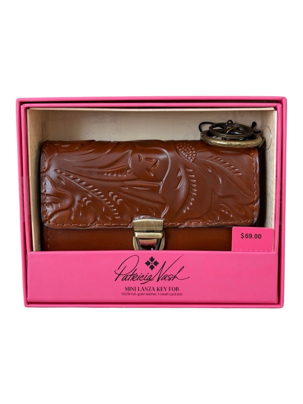 Patricia Nash Tooled Leather Wallet Key Fob Florence Brown 5.5 Inch Mini Lanza